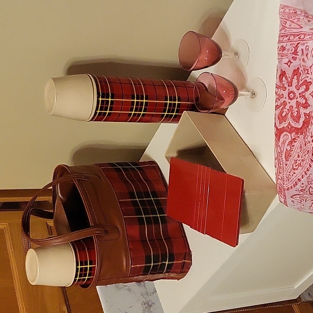 VINTAGE 1964 rare Red Plaid Thermos Bag with lunch box and crystal wine glasses